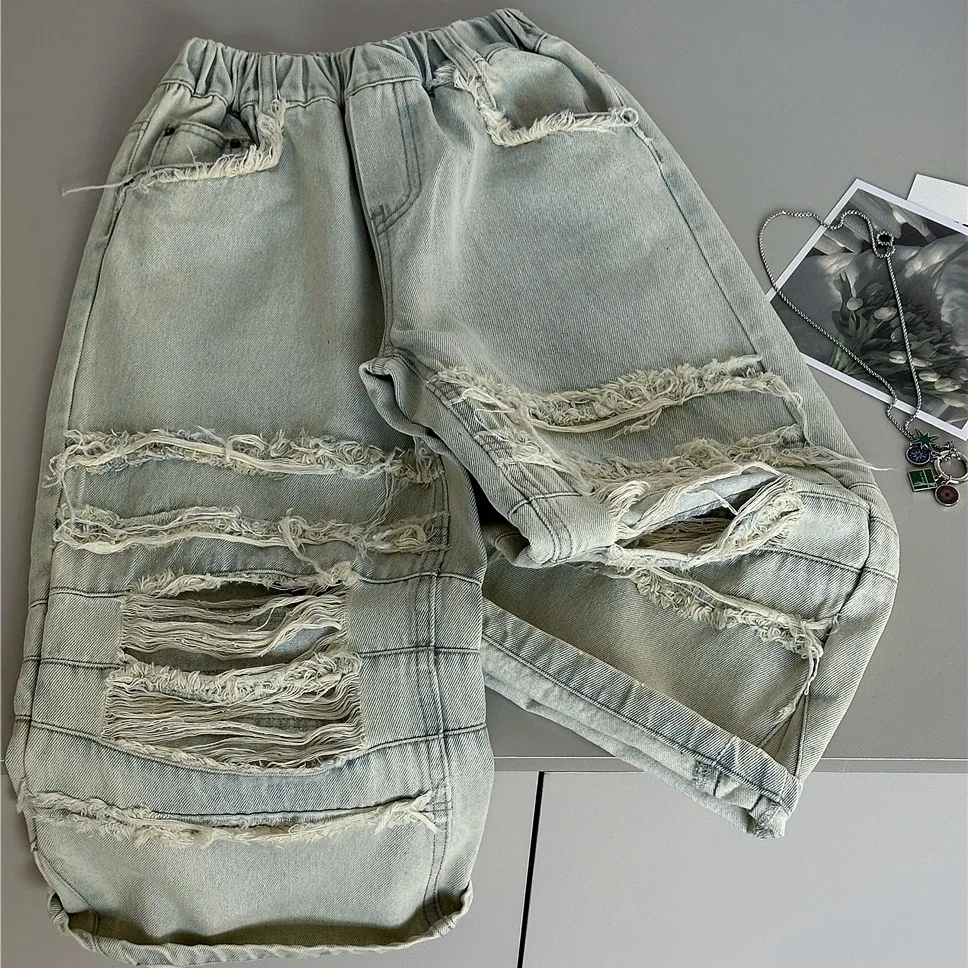Boys Pants 2026 Spring and Summer New Childrens Clothing Korean Style Boys and Girls Heavy Industry Waste Earthen Jeans