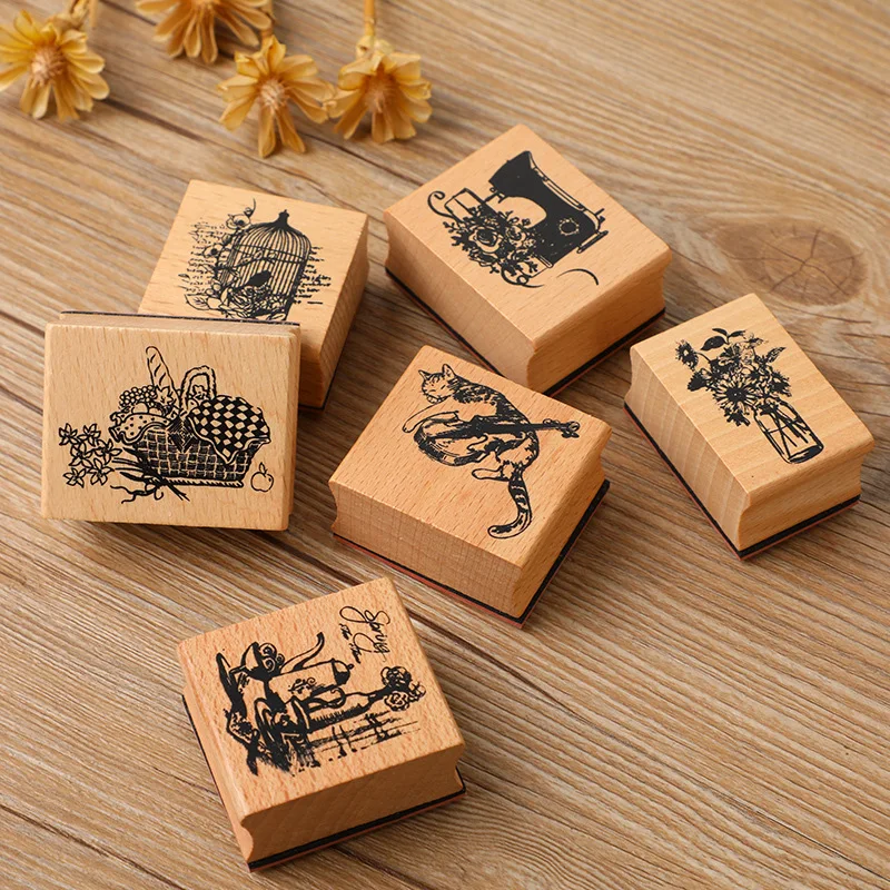 Vintag Esewing Machine Birdcage Cat Wooden Rubber Stamps Set Diy Rubber Stamp For Card Making Scrapbooking