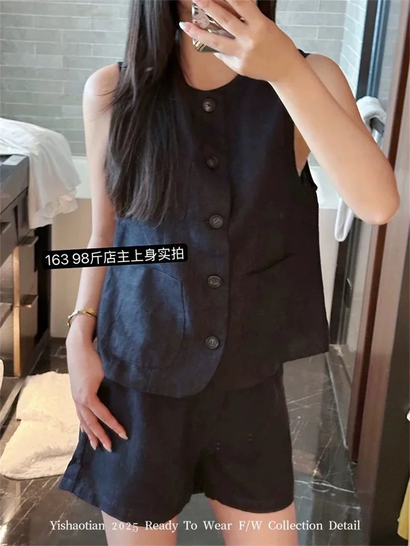 

2025 New Summer Linen Navy Two Piece Set Women Fashoin O Neck Sleeveless Vest Tops and Wide Legs Shorts All Match 2 Piece Set