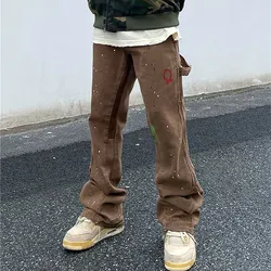 2023 Kanye Graffiti Ink Painted Flared Jeans Cargo Y2K Pants Men Clothing Brown Straight Hip Hop Long Trousers Pantalones Hombre