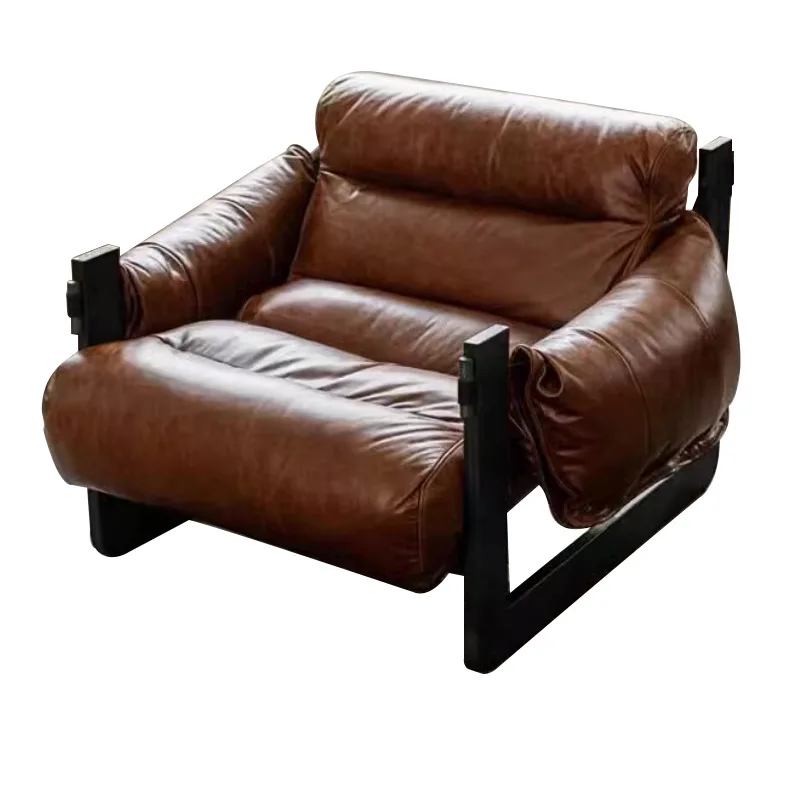 Oil Wax Leather Single Chair Casual Home Sofa Lounge Chairs, Retro Removable Washable Sofa All Solid Metal Base