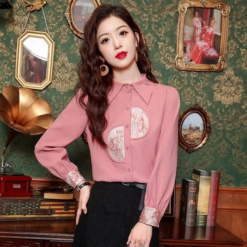 New Chinese Style Pink Long Sleeved Shirt for Women\'s Spring Wear 2024 New Style Chic Top High-end Women\'s Shirt