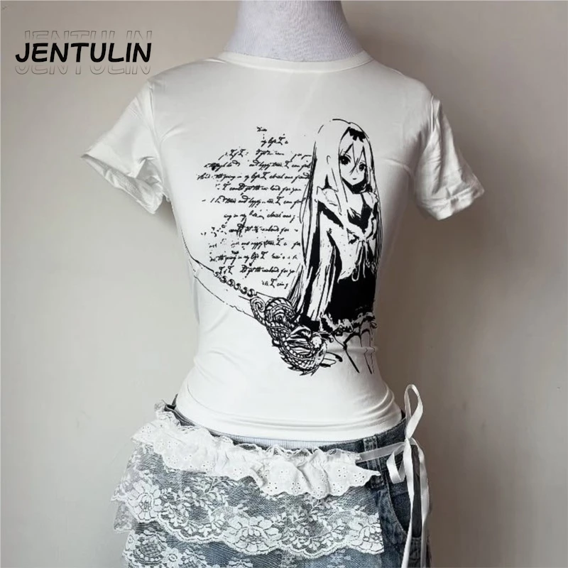 

Y2k стиль аниме девушка графическая футболка эстетика уличная одежда женская летняя повседневная 90-е винтажный укороченный топ с короткими рукавами готический