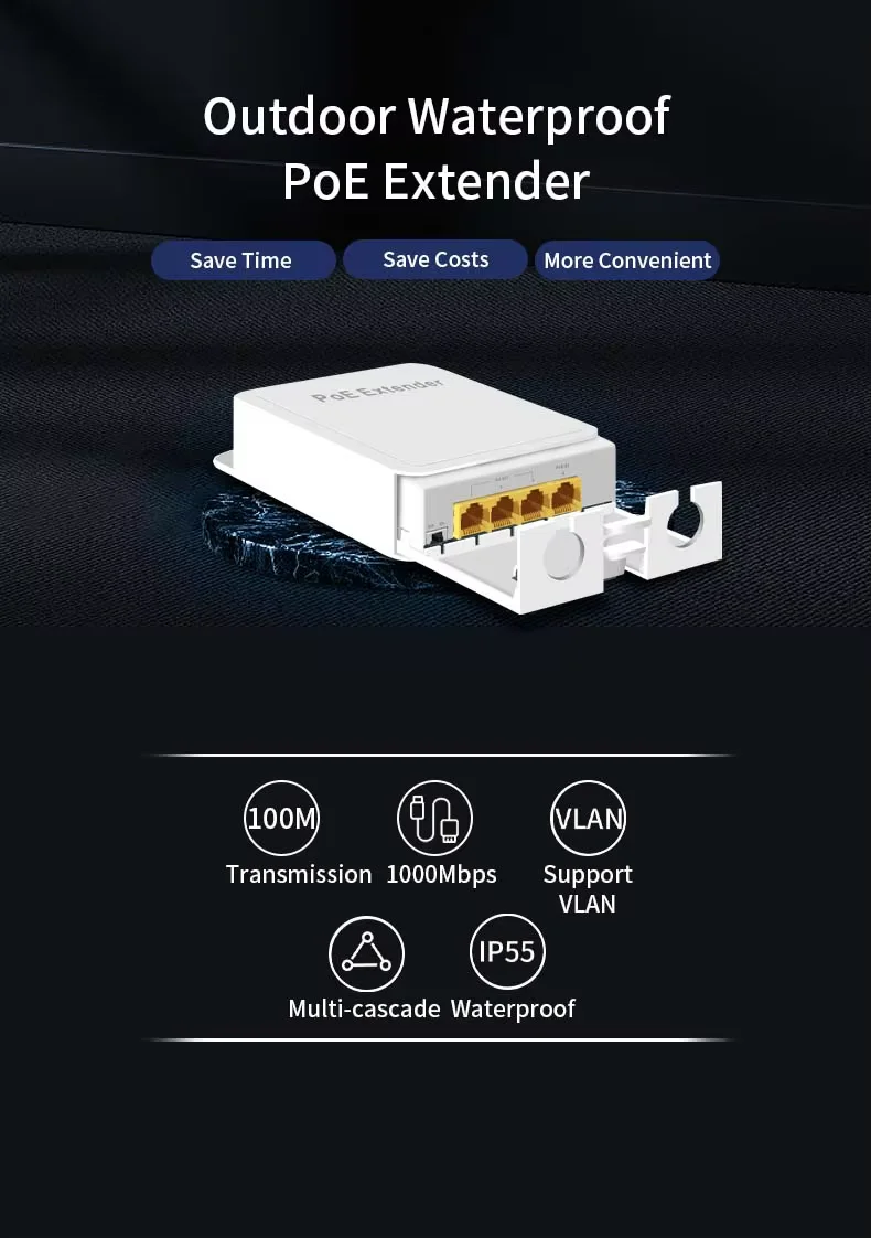 4 Port 100/1000Mbps POE Extender Repeater Waterproof Outdoor Network IP55 VLAN 44-57V for POE Camera Wierless AP