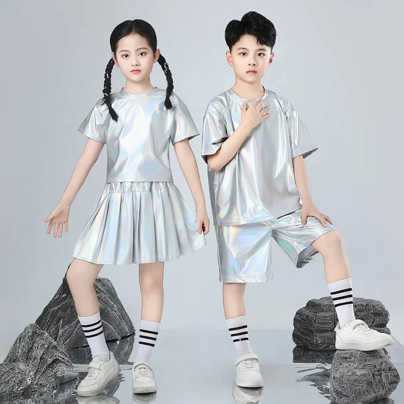Set hip-hop per ragazzi e ragazze Costume da ballo jazz color argento Abiti da spettacolo per bambini Costume da ballo di strada di moda