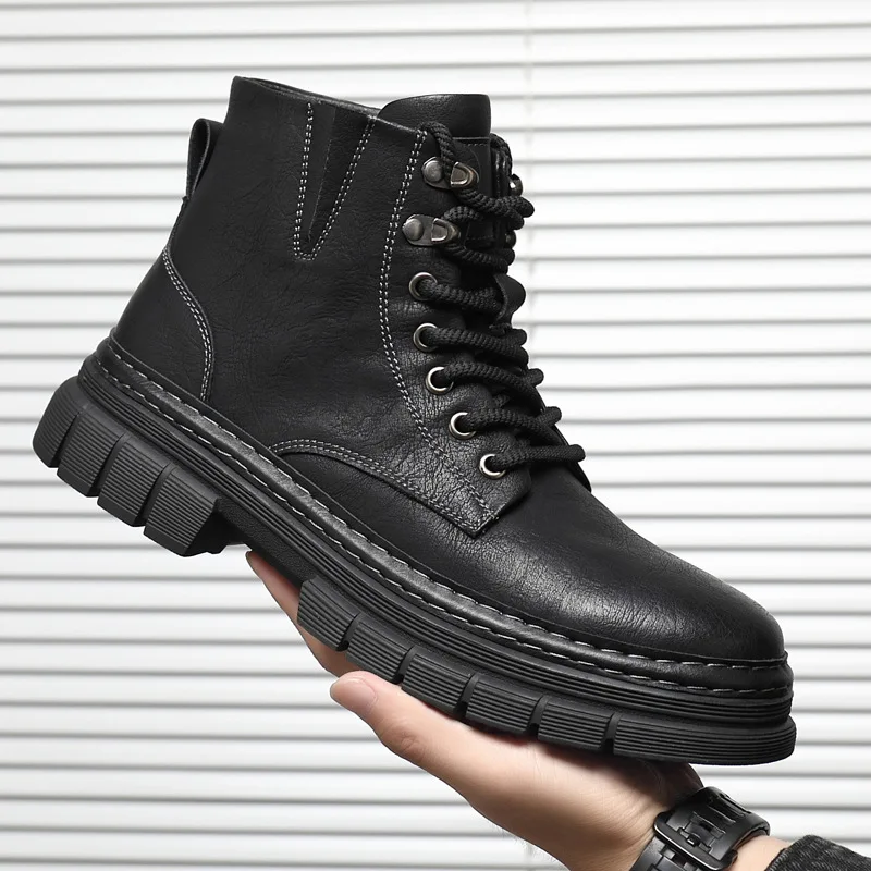 

Мужские модные черные ботинки на платформе, оригинальная кожаная обувь на шнуровке, ковбойские рабочие ботинки, винтажные крутые мотоциклетные ботильоны