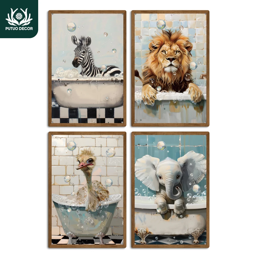 

Putuo Decor 4pc Vintage Metal Tin Sign, Zebra Lion Ostrich Elephant, Wall Decor for Home Bathroom Toilet Washroom Rest Room,Gift