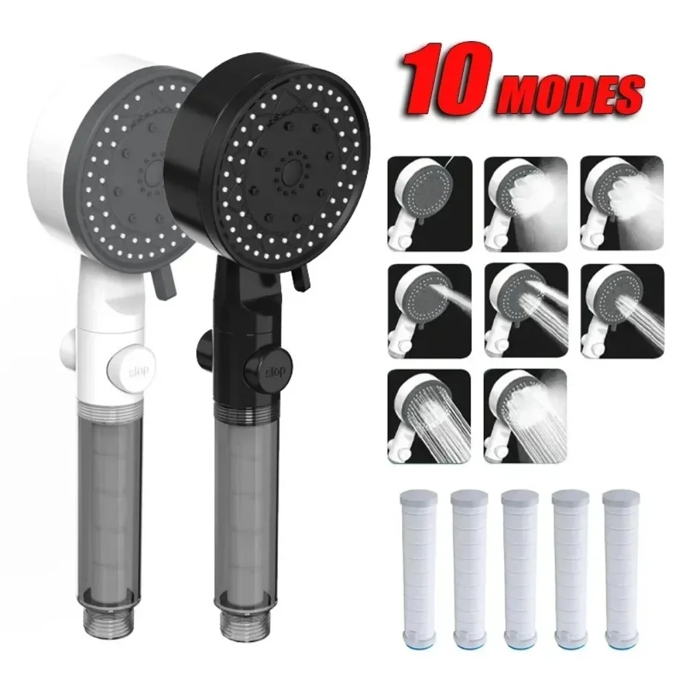 10 Mode Showerheads High Pressure Filter Showerheads One Touch Stop Bathroom Handheld Water Saving Sprayer Bathroom Accessories