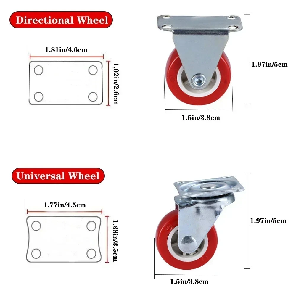 4-Pack PVC Universal and directional casters, quiet red rotating wheels, wheelbarrow, furniture project trolley