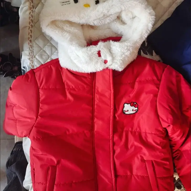 Hot Hello Kitty Kids Cartoon Katoenen Jas Sanrio Meisje Kawaii Leisure Outdoor Jas Met Capuchon Winddicht Dikker Winterkleding Nieuw