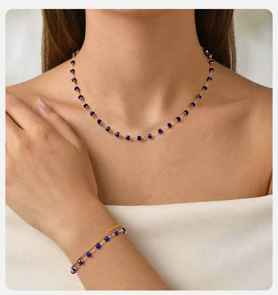 Vnox Trendy Boho Spacer Bead Chain Armbänder für Frauen, blauer Kristall, goldfarben, doppellagiges Gliederkettenarmband, Schmuck, Geschenke – Detail 2