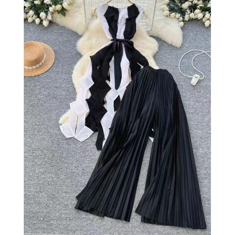 Gonna a pieghe a vita alta Top Color Blo Orlo irregolare Design Sense Gonna a pieghe a vita alta Colore abbinato Orlo irregolare Dr