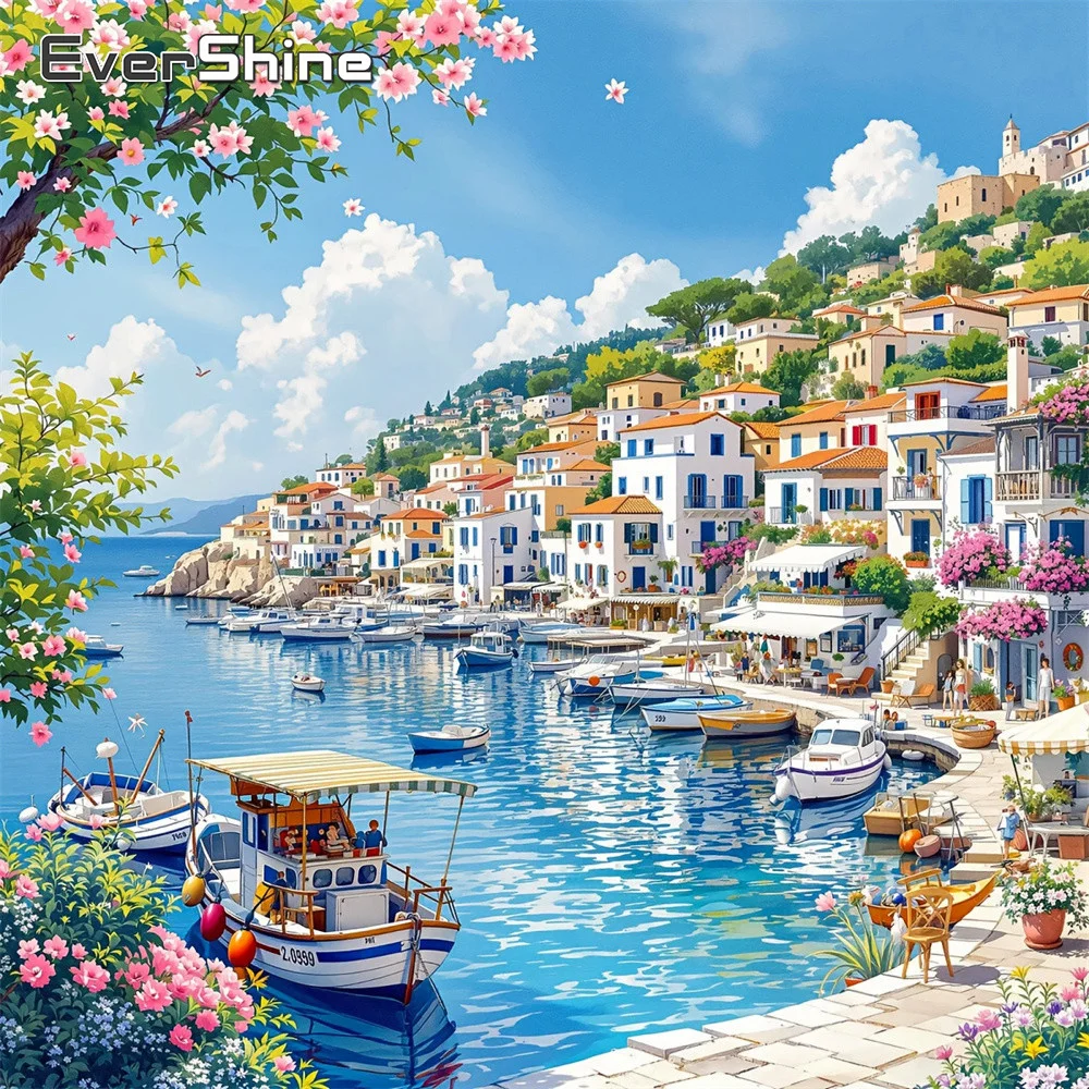 EverShine Diamant-Mosaik Landschaft am Meer 5D Vollquadrat-Gemälde Hausbild Strass-Stickerei Boot Heimdekoration