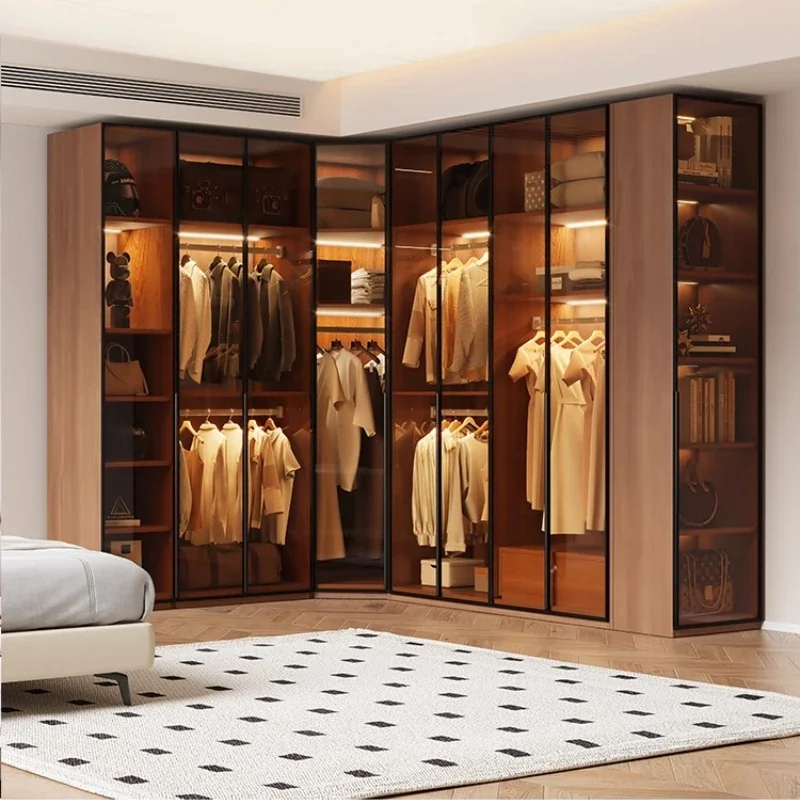 خزانة ملابس زجاجية حديثة لغرفة النوم، خزانة تخزين منزلية على شكل حرف L، خزانة ملابس زاوية، أثاث للملابس الفاخرة #6