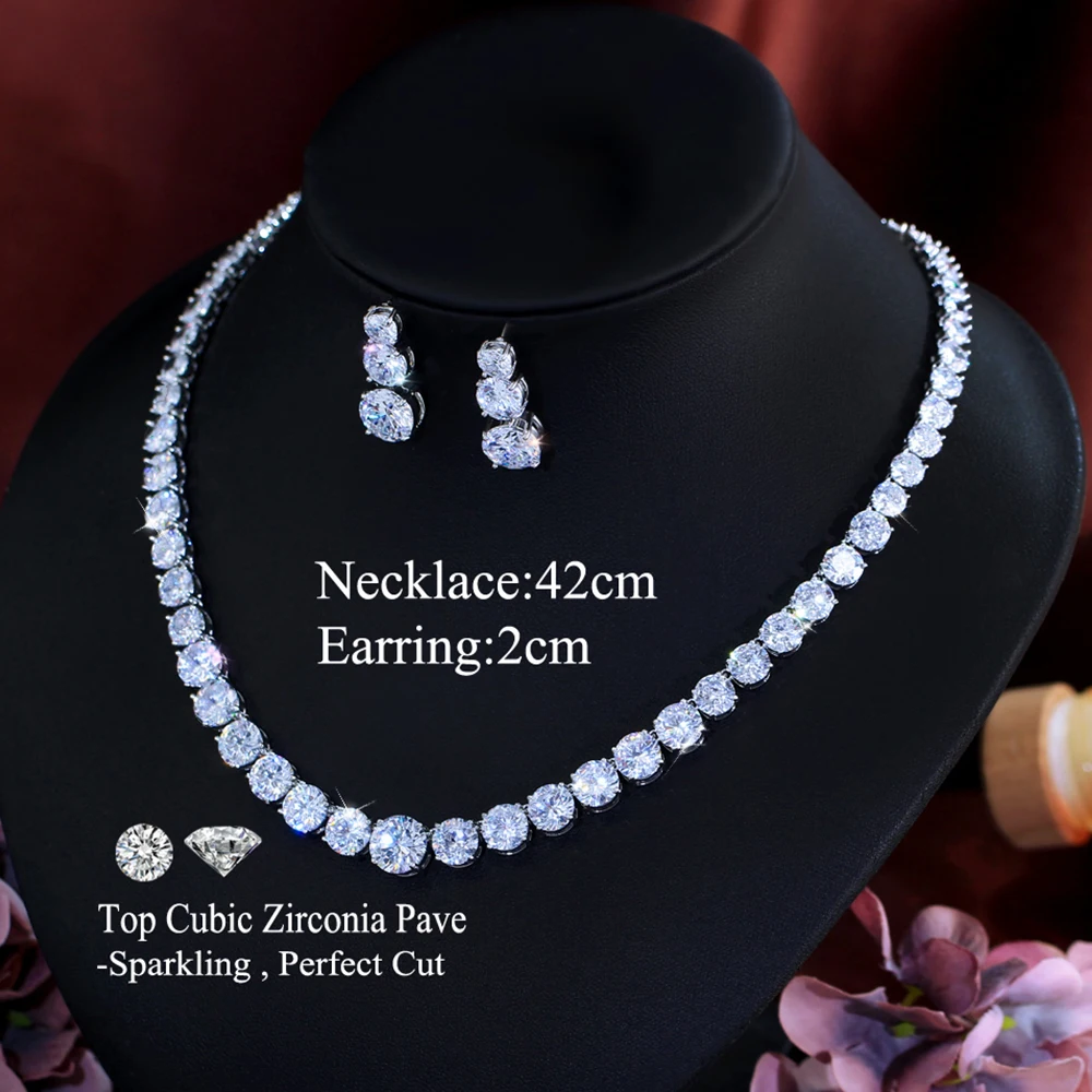 CWWZircons Prachtvolle Glänzende CZ Mode Braut Runde Halskette Ohrringe Sets für Frauen Hochzeit Abend Party Schmuck Großhandel T0997 – Detail 1
