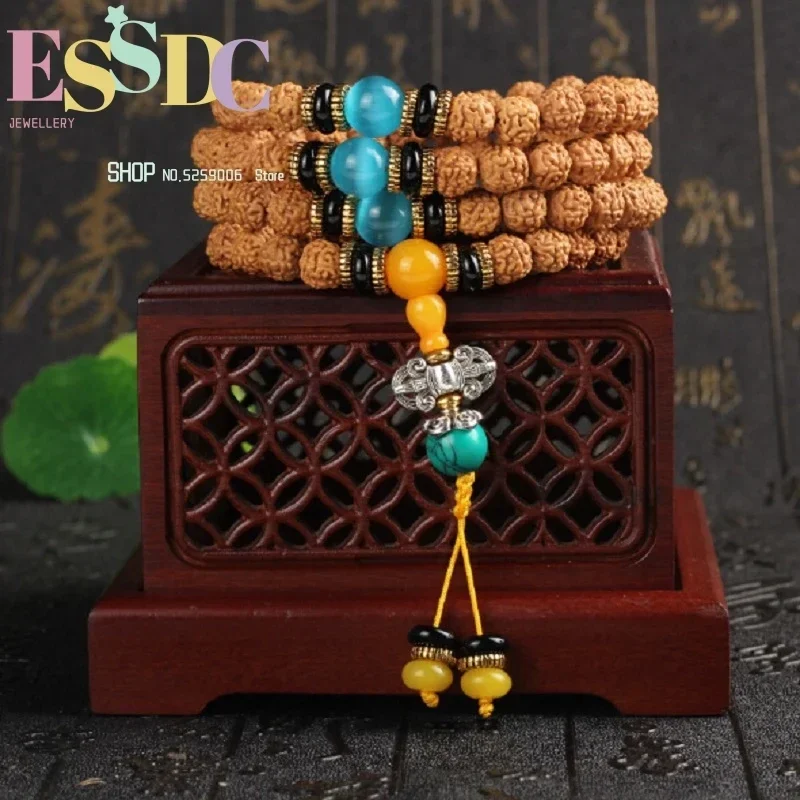 Original Design Exquisite Tibetan Dragon Grain Bodhi Seed 108 Beads Mala Bracelet with Blue Cats Eye Stone Hand String Wholesale