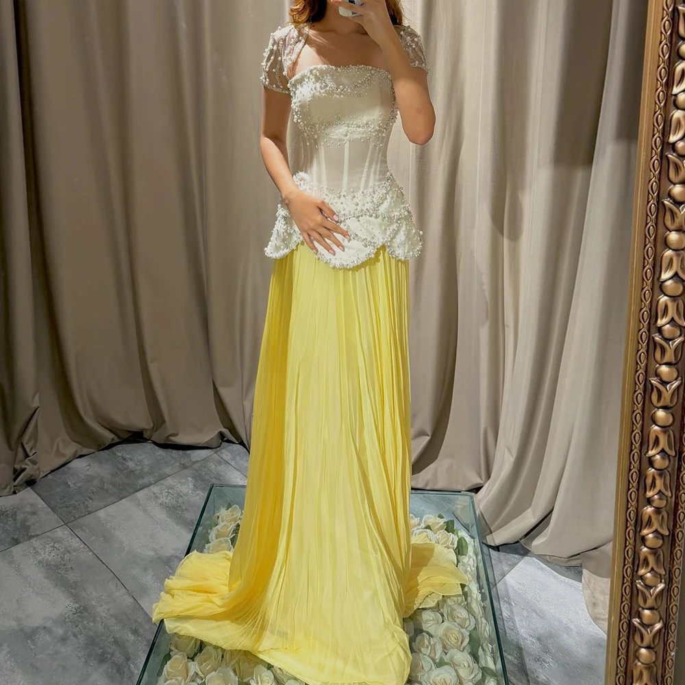 

Customized A-line Evening Dresses Floor-length Square Collar Short Sleeve Prom Gown Fashion Beading Backless Lace-up Party Gown