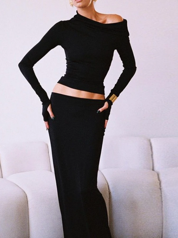 

Женские комплекты из двух предметов, однотонная водолазка с длинными рукавами, топ и юбка, европейский и американский однотонный элегантный костюм для коррекции фигуры