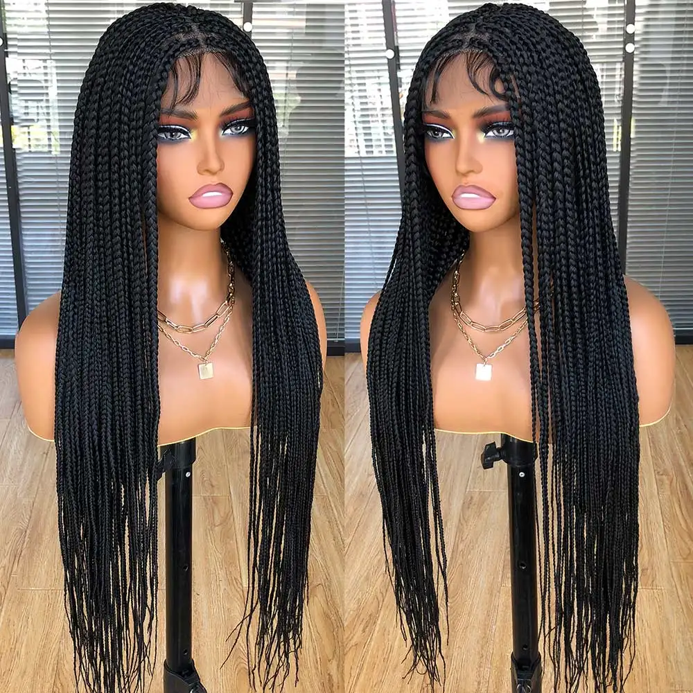 Full Double Lace Front Square Knotless Box Braided Wig 36inch Synthetic Lace Frontal Braiding Wig with Baby Hair for Black Women