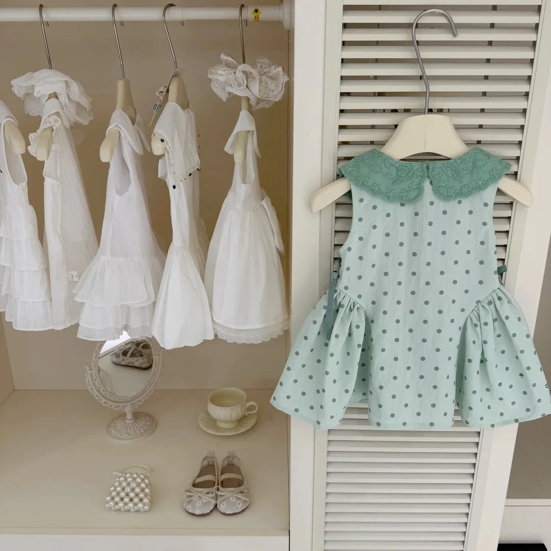 2026 Summer Girls Green Polka Dot Embroidered Doll Collar Vacation Breathing Comfortable Style Vest Dress