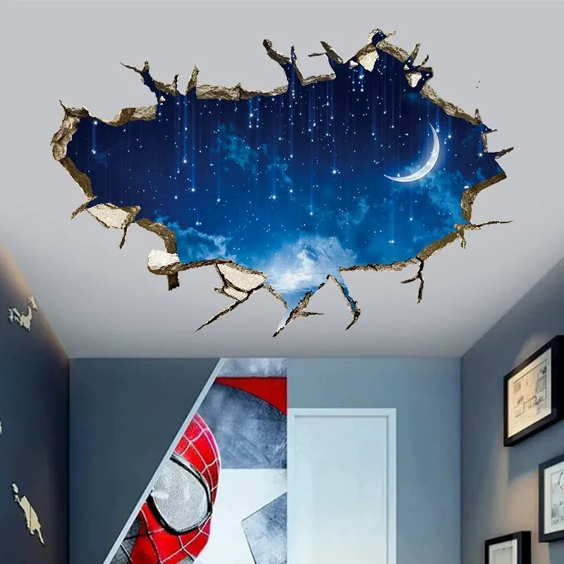 3D Wall Hole Art Star Sky Mural Meteor Crescent Moon Vinyl Stickers Home Decoration for Aesthetic Room Roof Night View Wallpaper