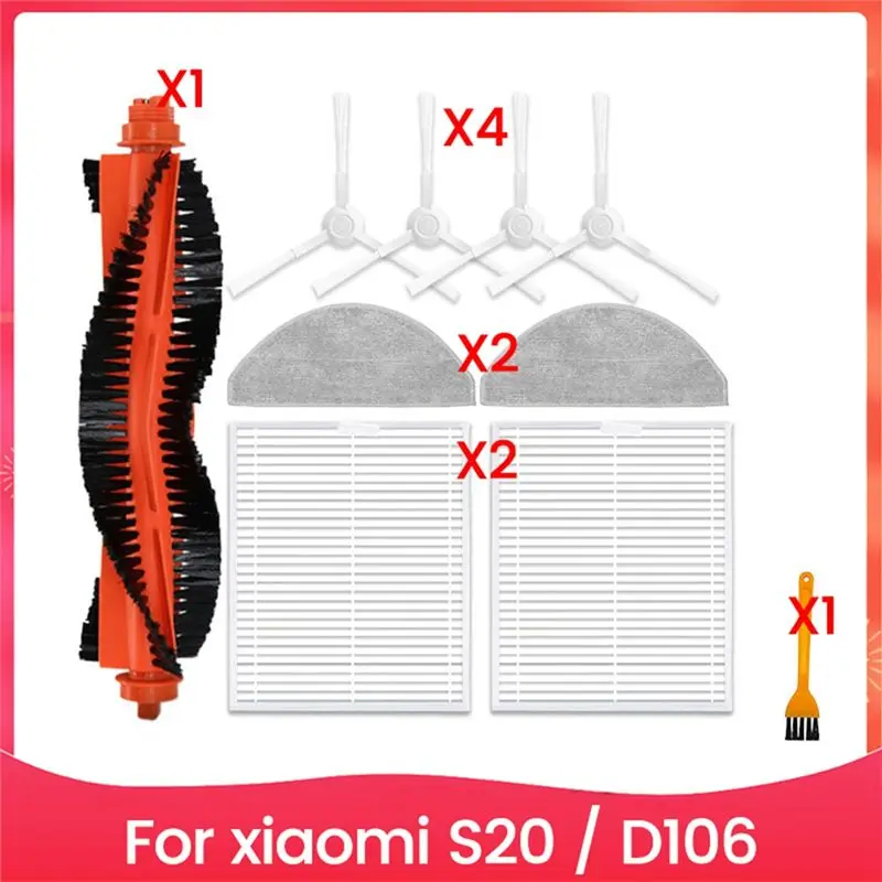 

AT05 - Запасные части для робота-пылесоса Xiaomi S20 / D106: основная и боковые щетки, HEPA-фильтр, салфетка для влажной уборки, мешок для сбора пыли.