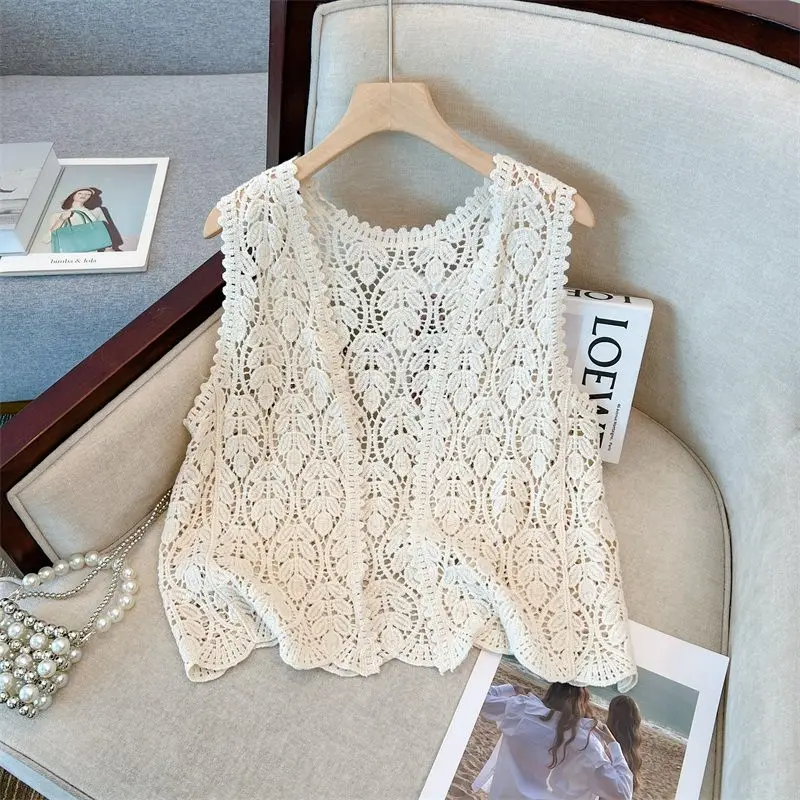 

Bohemian Lace Knit Vest Spring Outing Thin Cardigan Sleeveless Top Open Front Beach Holiday Wear for Women