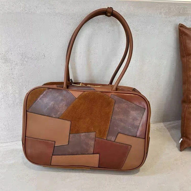 New High Quality Patch Bag Luxury Brand Contrast Color Bowling Bag Gold Chain Stitching Layered Cowhide Briefcase Shoulder Bag - Image 4