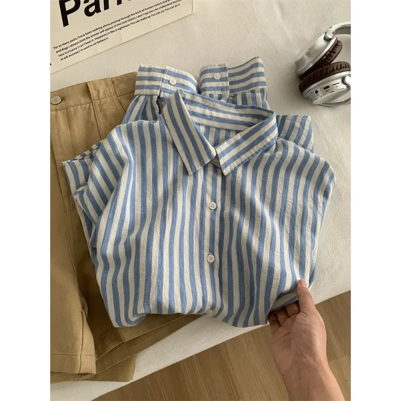 

Blue Linen Striped Shirt for Women in Summer, Thin Sagging, Lazy and Slimming, Sun Blouse