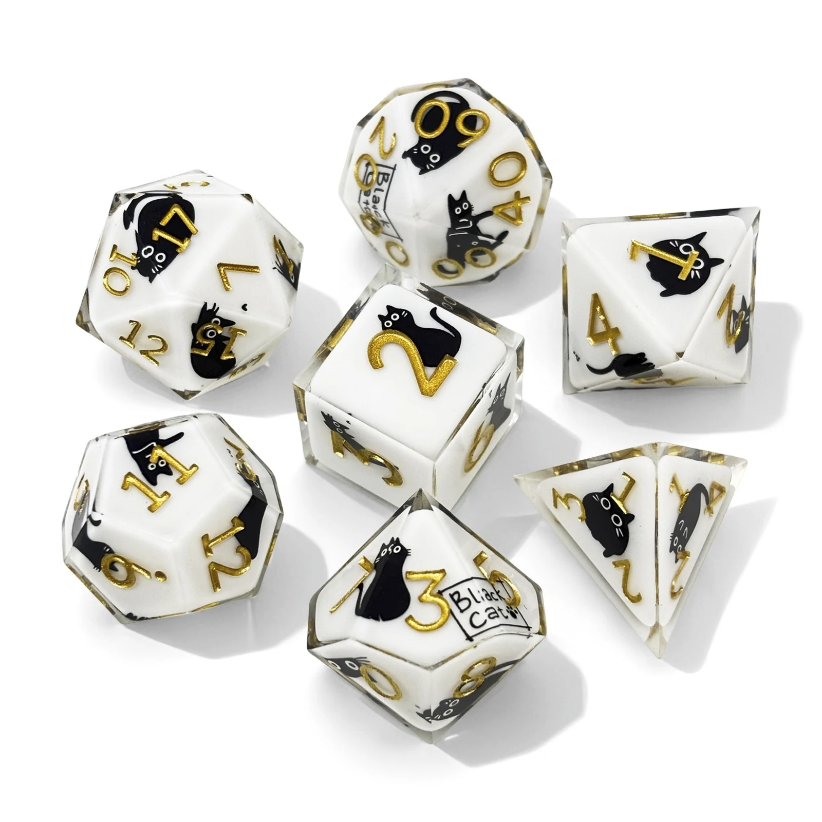 Set dadu kucing hitam 7 buah dengan desain dadu, cocok untuk permainan peran D&D Dragon and Dungeon