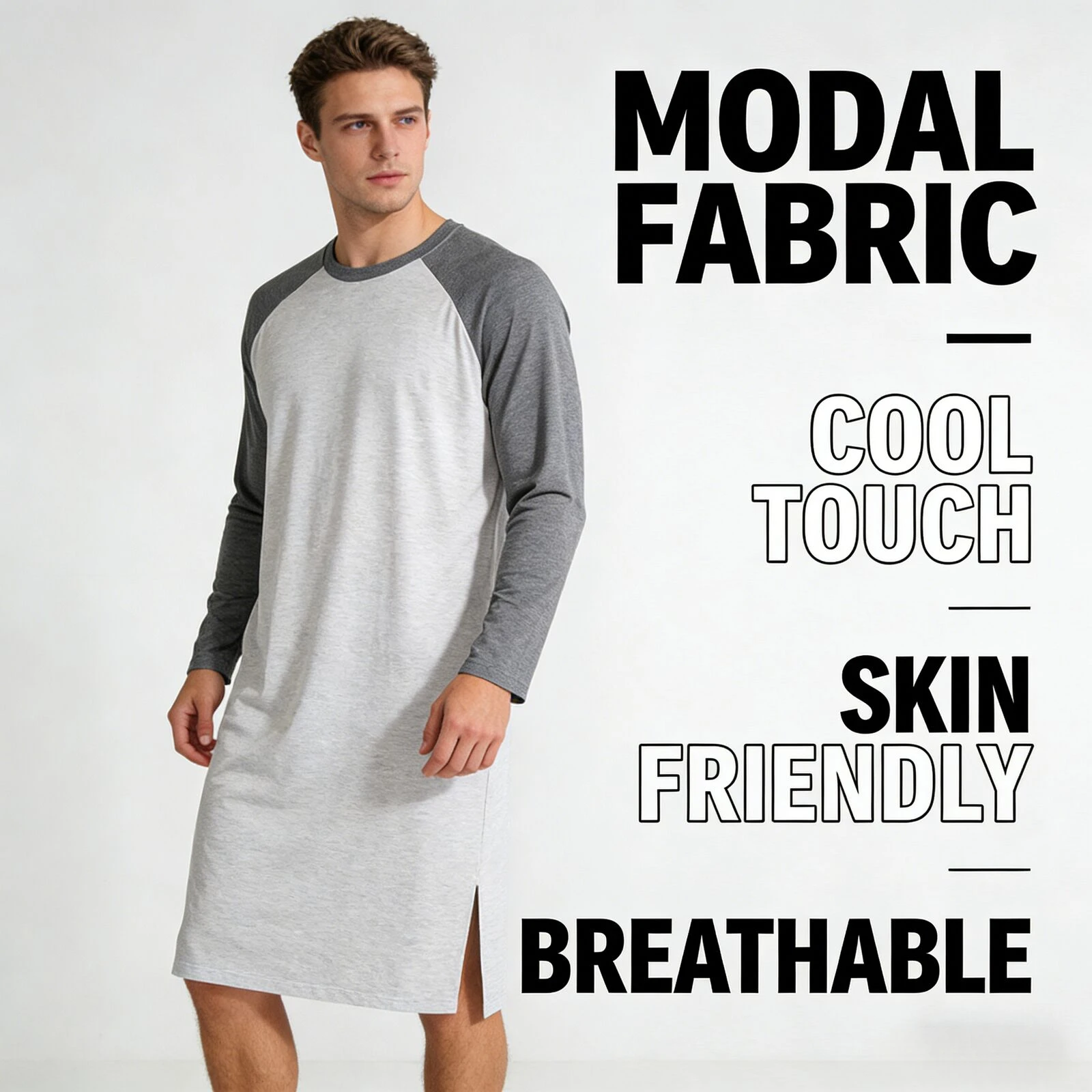 Mens Modal Cool Touch Nightgown New Spring Summer Mid Length Long Sleeve Loose Skin Friendly Breathable Comfortable Homewear 5XL