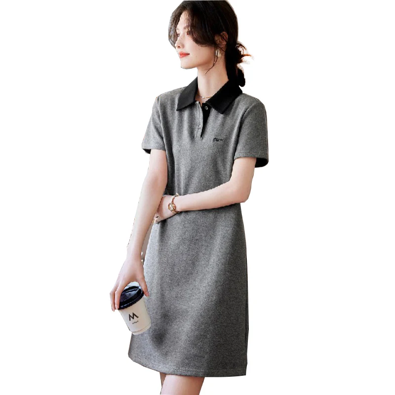 Women's Grey Fragrant Wind Hooded Dress New Summer High Waist Slim Short Sleeve A-line Skirt