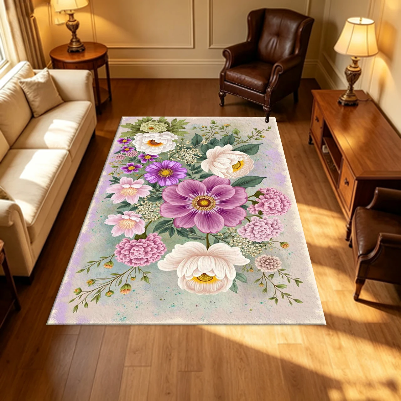 Vintage Mixed Peony Floral Bouquet Carpet Flooring Retro Botanical Household Indoor Decor Area Rug