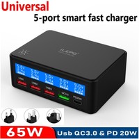 65W PD QC Fast USB Charger 5 Ports Smart Charge Station Hub Quick Charge Adapter USB C Charger Type C Display Desktop Chargers