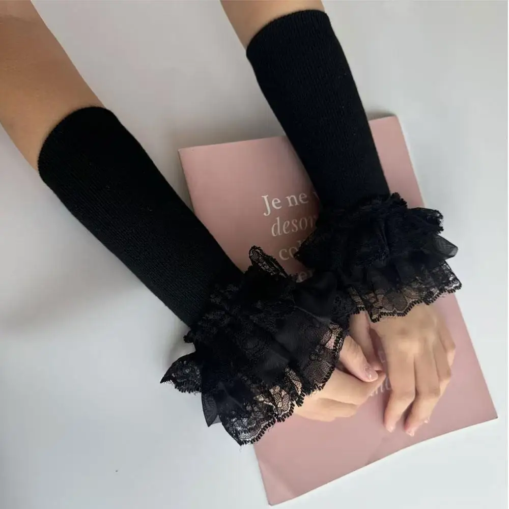 

Women Warm Long Gloves Autumn Winter Knitted Patchwork Trendy Elastic Clothes Decoration Yarn Lace Arm Sleeves Lace Gloves