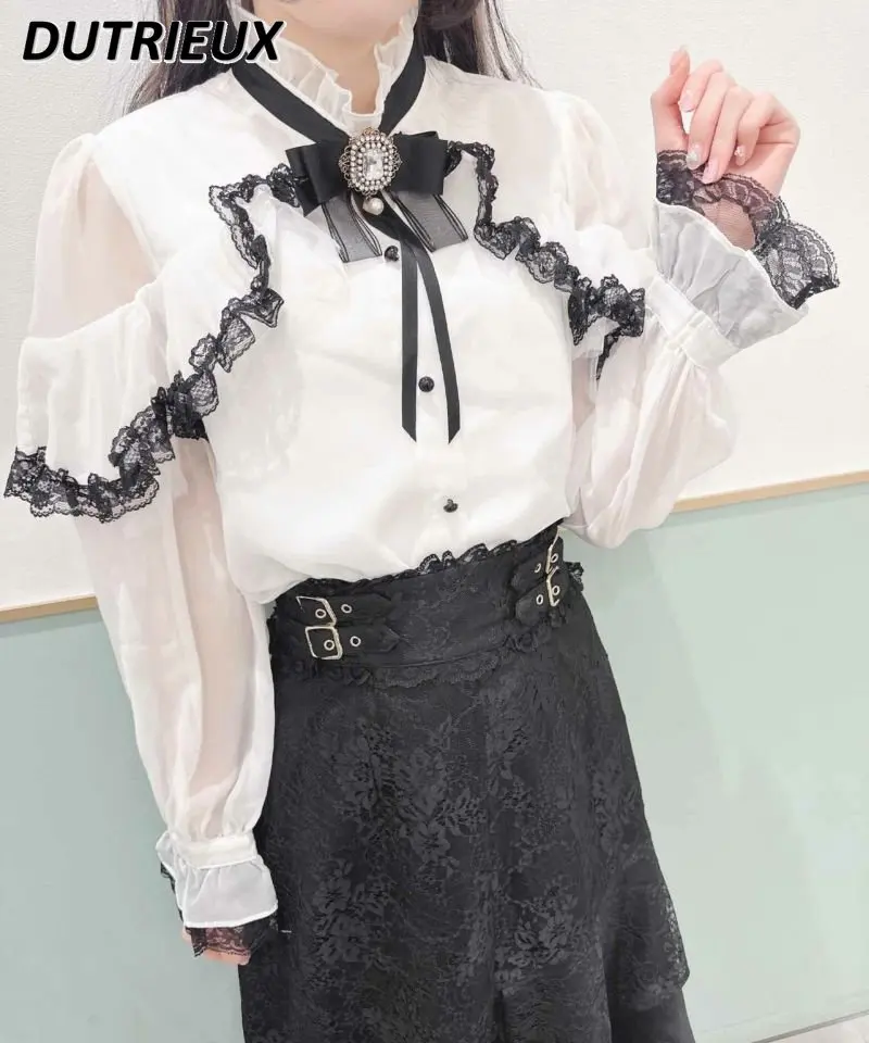 

Japanese Lolita Rojita Women's Sweet Top Stand Collar Flared Long Sleeves Loose Lace Blouse Spring Camisas Bottoming Shirt