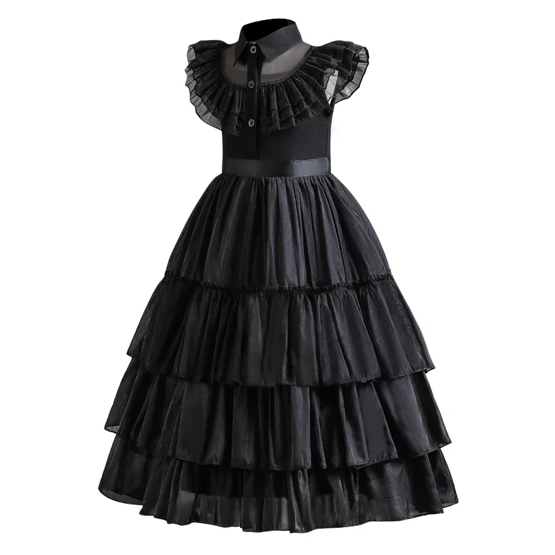 Wednesday Addam Costums for Girls New Birthday Vestidos Gothic Black Mesh Dress Wednesday Cosplay Black Dress for Girls 4-12 Yrs