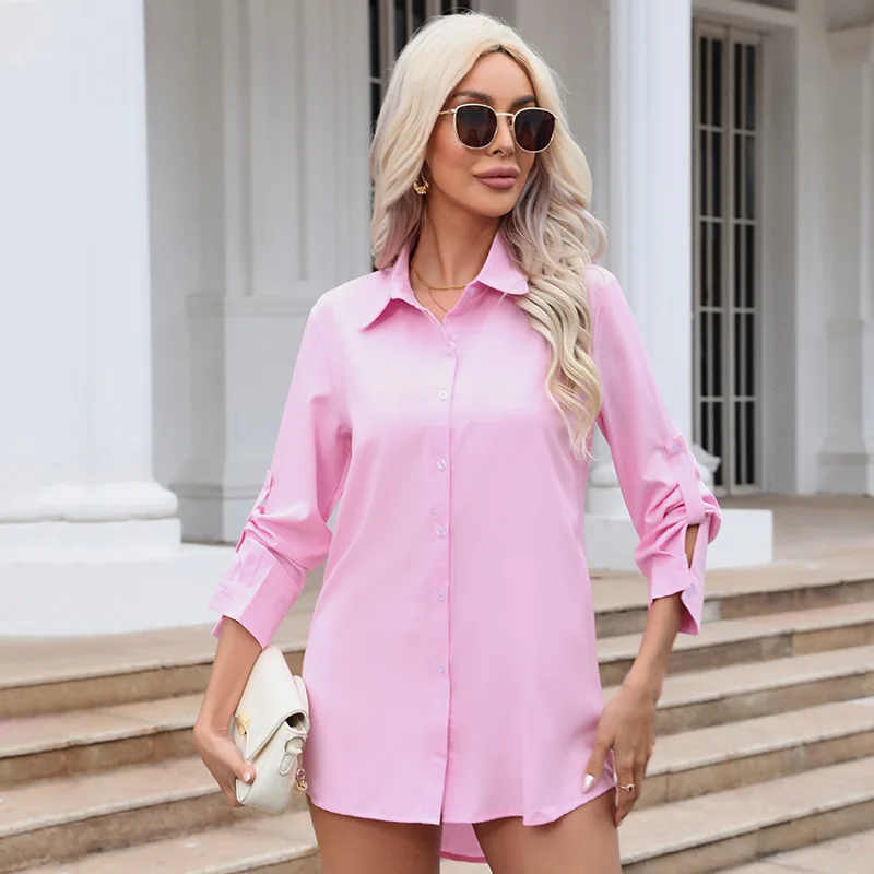 

Women Elegant Chiffon Blouse 2026 Spring Summer Casual Solid Single Breasted Long Sleeve Turn Down Collar Tunics OL Shirt Tops