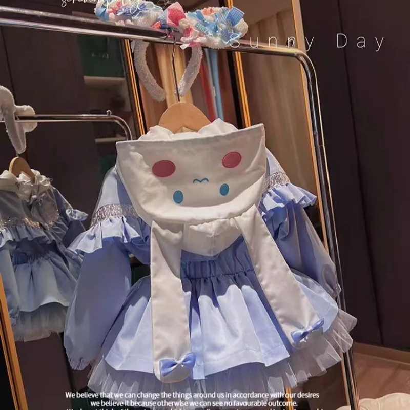 

Kawaii Kuromi Cinnamoroll Kids Girls Jacket Cartoon Fashion Embroidery Jacket Retract Waist Hooded Outdoor Jackets Lolita Coat