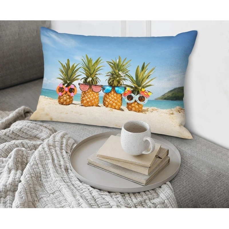 1pc Cute Pineapple Wearing Sunglasses Printed Lumbar Pillow Cover, Suitable for Sofa, Bedroom, Living Room, Summer Coastal Decor