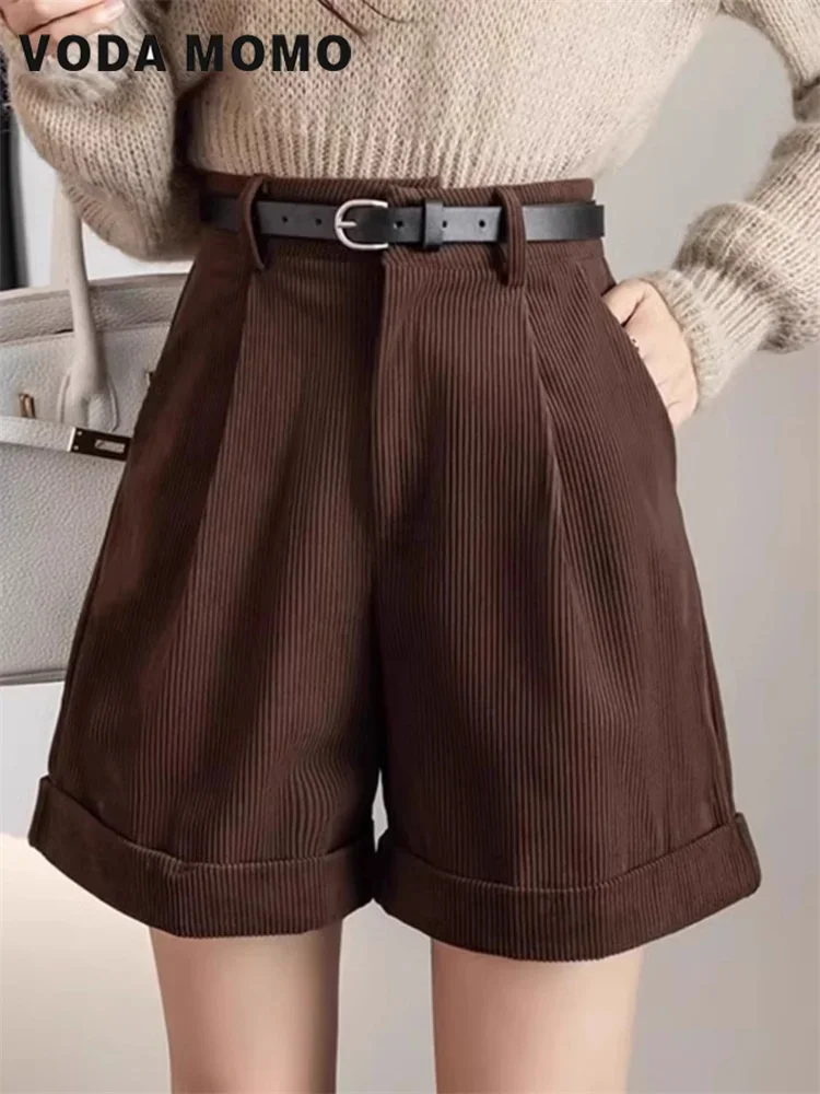 Nuevos pantalones cortos holgados lisos de pana para primavera y otoño para mujer, pantalones cortos versátiles de ocio, pantalones cortos Retro de cintura alta Harajuku de pierna ancha para mujer