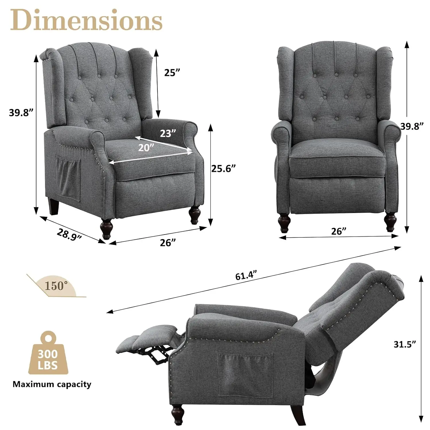 Pushback Recliner 2PC, Linen Tufted Armchair with Massage & Heat, Mid-Century Wingback Accent Chair for Living Room, Customized