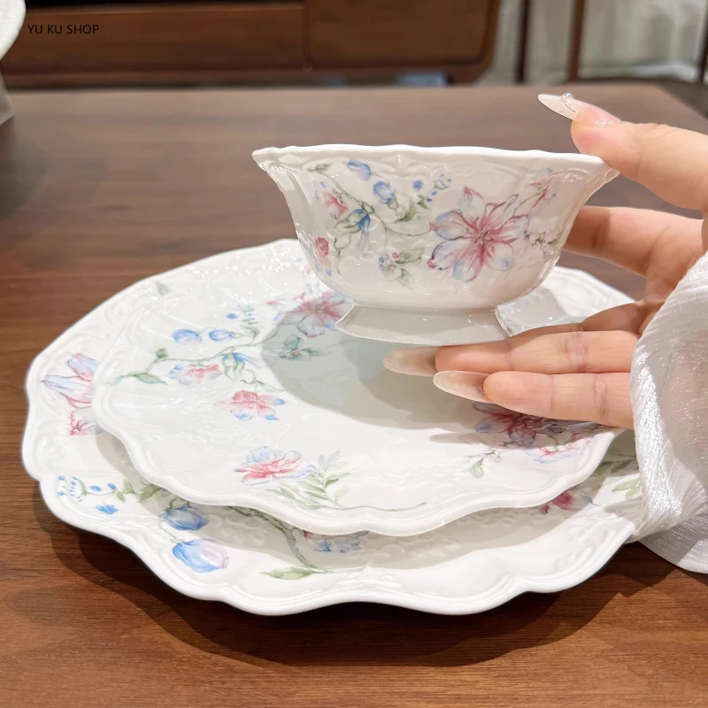 

Lace Garden Bowls Plates Ceramic Tableware Underglaze Painted Household Rice Bowls Vegetable Plates Housewarming New Style