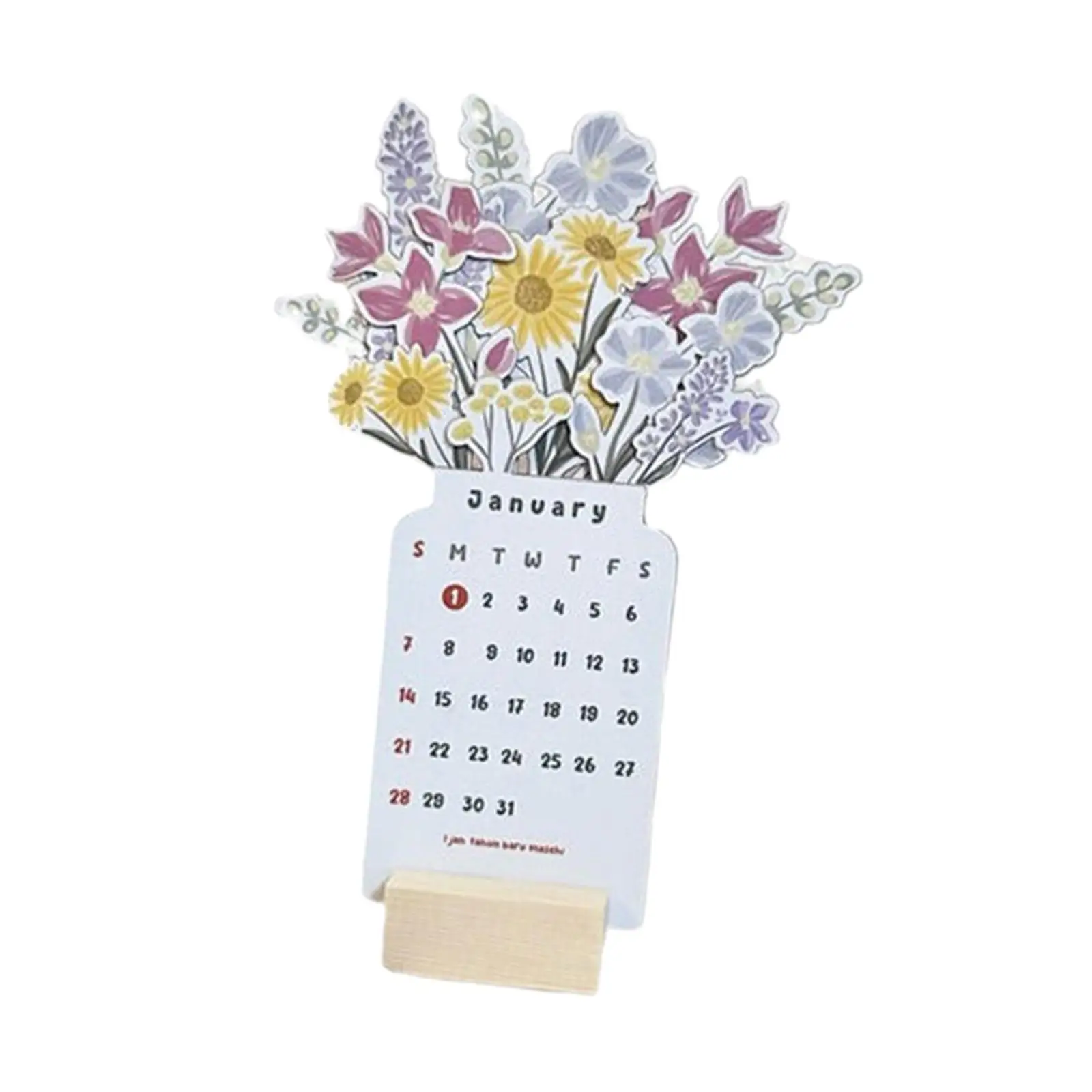 2024 Flower Vase Desk Calendar Creative Tabletop Ornament Wooden Base Stand Up Monthly Planner Thick Paper for New Year