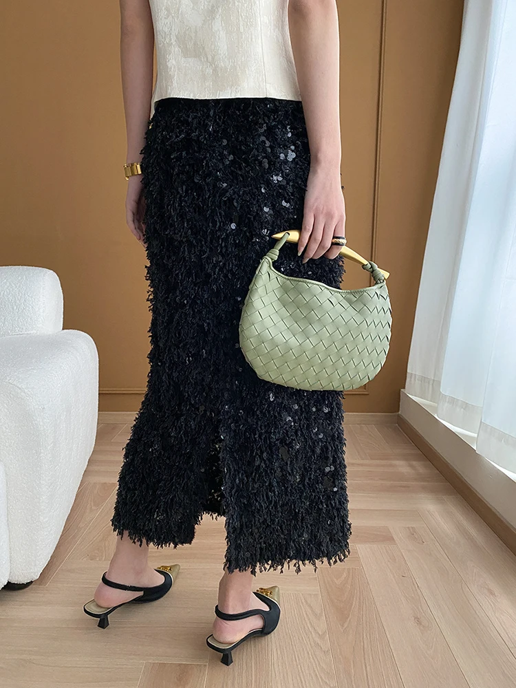 Elegant Splicing Women Midi Skirts Y2K Korean Chic High Waist Rear Slit Sequin A-Line Skirt Spring New Fashion Femme Party Skirt