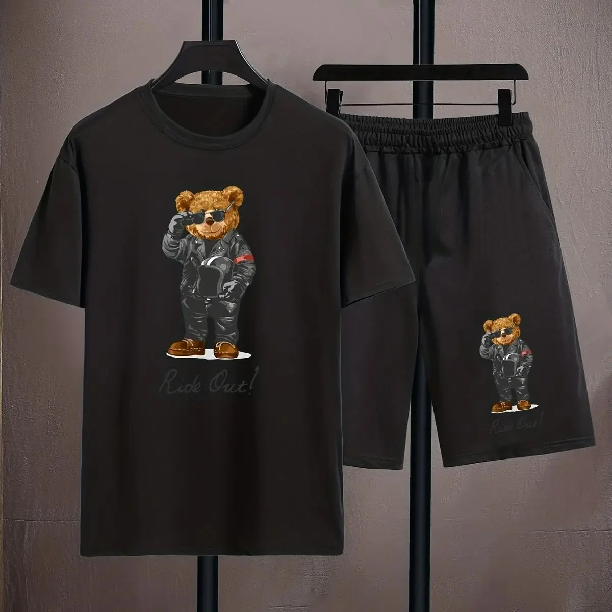 Summer Boys Clothes T-shirt & Shorts 2 Pieces Set Teenage Girls & Boys Printed Bear Tracksuit Fashion Casual Top & Bottom Outfit