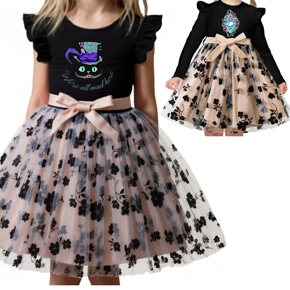 Vestido de Alicia en el país de las Maravillas con flores rosas negras para niñas, ropa informal de verano para niñas, vestido de fiesta de princesa elegante de tul con volantes