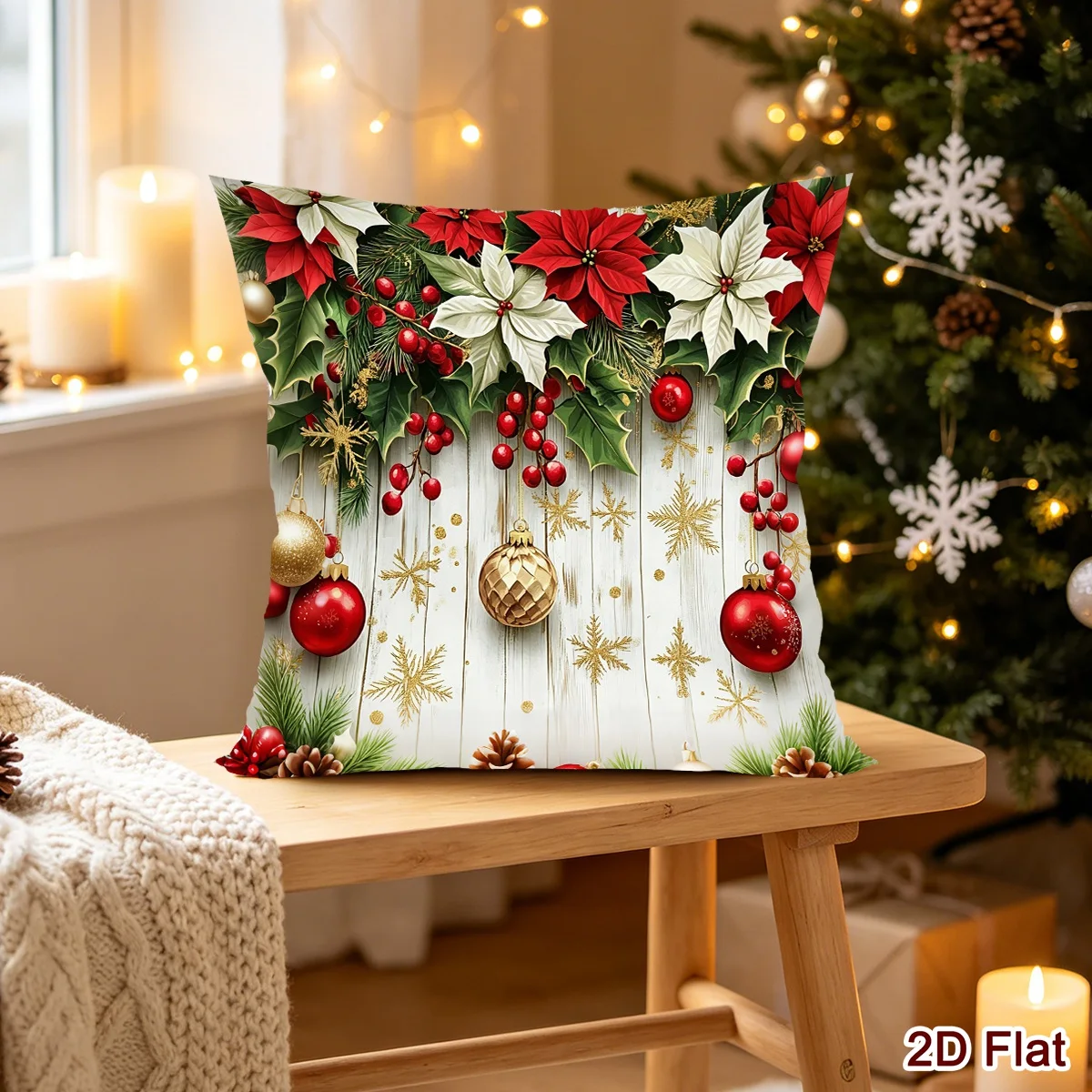 1pc Merry Christmas Pillow Covers Xmas Poinsettia Polyester Throw Pillow Covers Christmas Decor for Home 2026 New Year Gifts