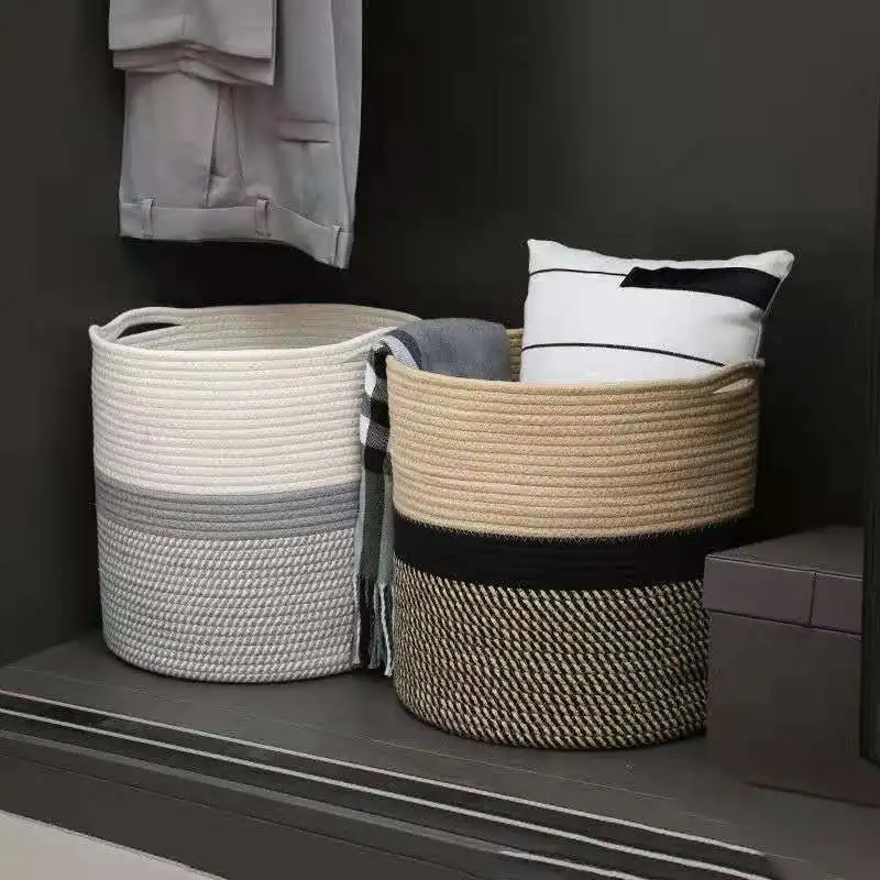 Quality Cotton Rope Dirty Clothes Basket Japanese Round Woven Storage Sundries Organizer Room Flower Pot Decorative Large Size