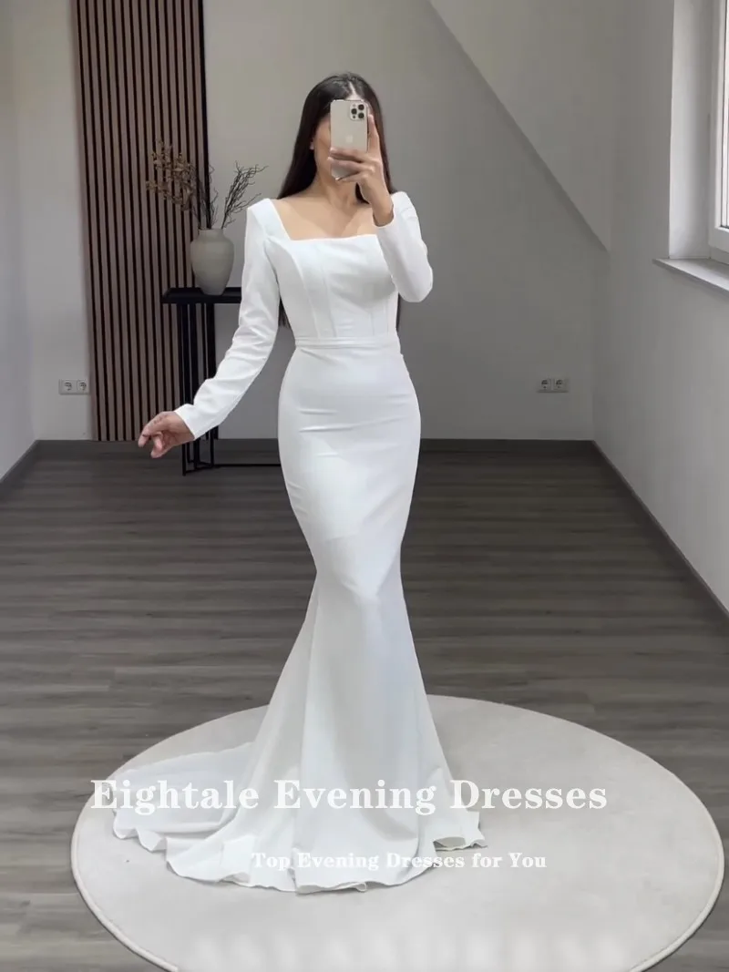 Eightale White Evening Dress for Wedding Party Strapless Mermaid Long Sleeve Customized Arabic Celebrity Prom Gowns